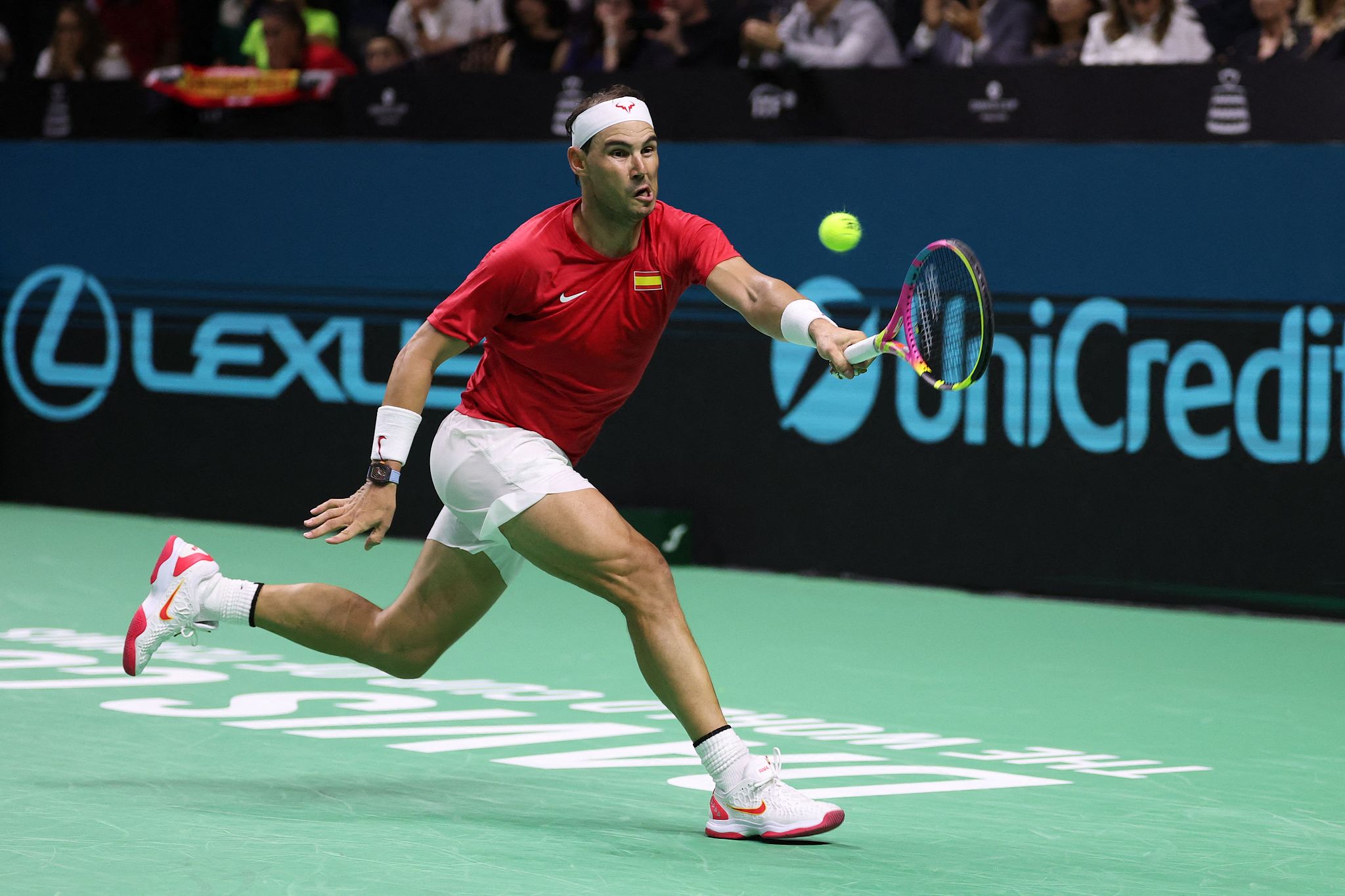 Rafael Nadal of Spain hits a shot in the men's singles match against Botic van de Zandschulp of the Netherlands in the Davis Cup Finals quarterfinals in Malaga, Spain, November 19, 2024. /CFP