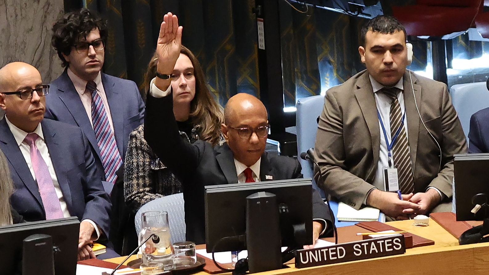 U.S. Alternate Representative for Special Political Affairs in the United Nations Robert Wood (C, Front) votes against a UN Security Council draft resolution that calls for an immediate ceasefire in Gaza at the UN headquarters in New York, U.S., November 20, 2024. /CFP