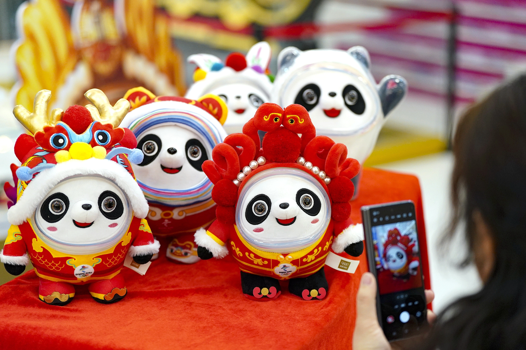 A woman takes a photo of Bing Dwen Dwen mascots in Beijing on November 22, 2024. /CFP