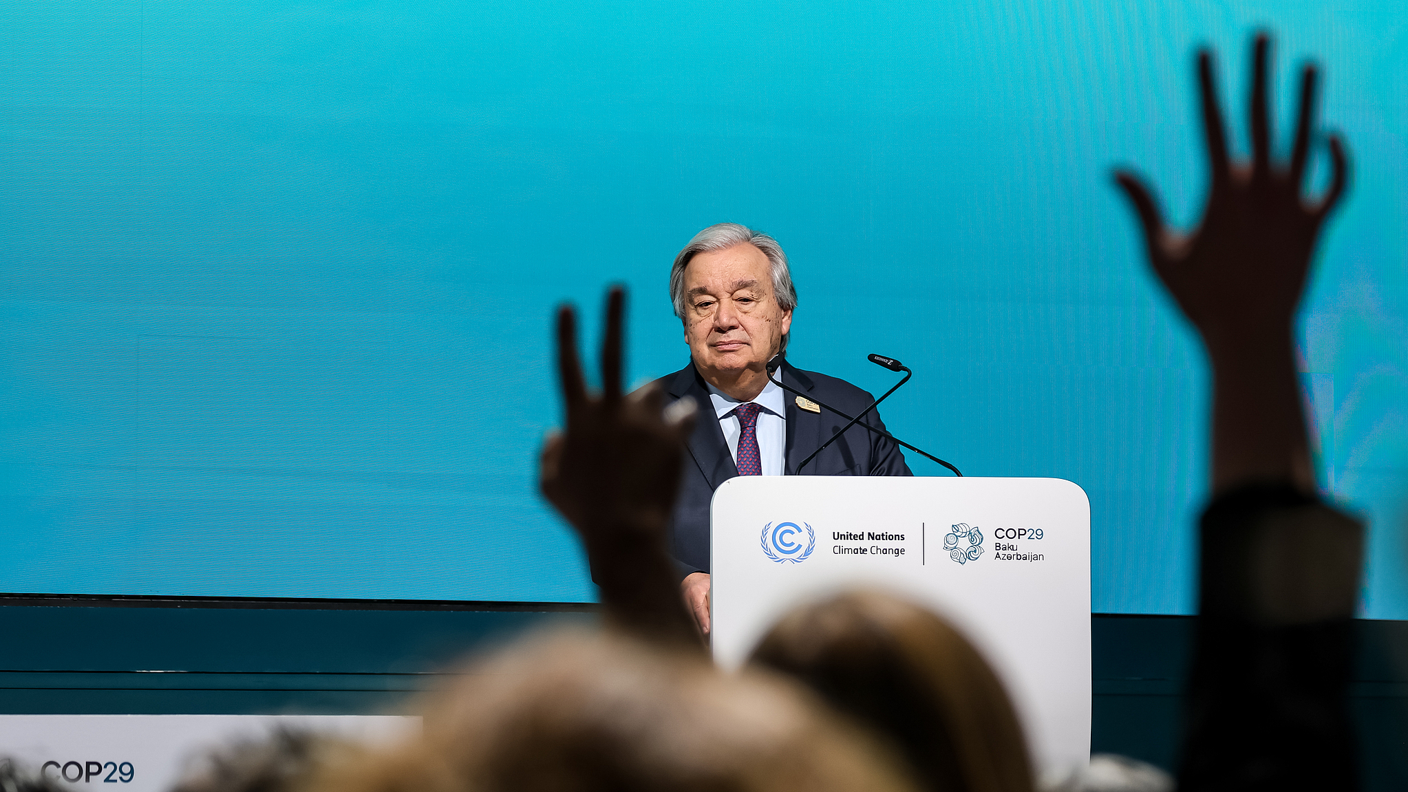 Antonio Guterres, UN Secretary General speaks at a press conference in Blue Zone during the United Nations Climate Change Conference COP29, an event held by United Nations Framework Convention on Climate Change (UNFCCC) at Baku Olympic Stadium. 