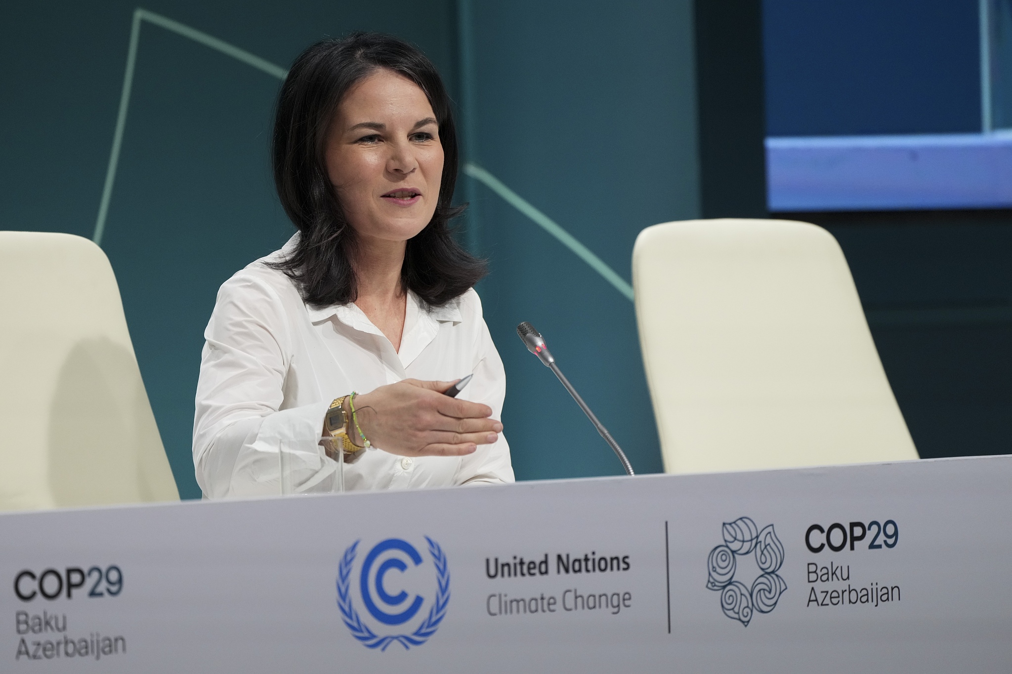 Germany Foreign Minister Annalena Baerbock speaks during a news conference at the COP29 UN Climate Summit, Friday, Nov. 22, 2024, in Baku, Azerbaijan. /CFP