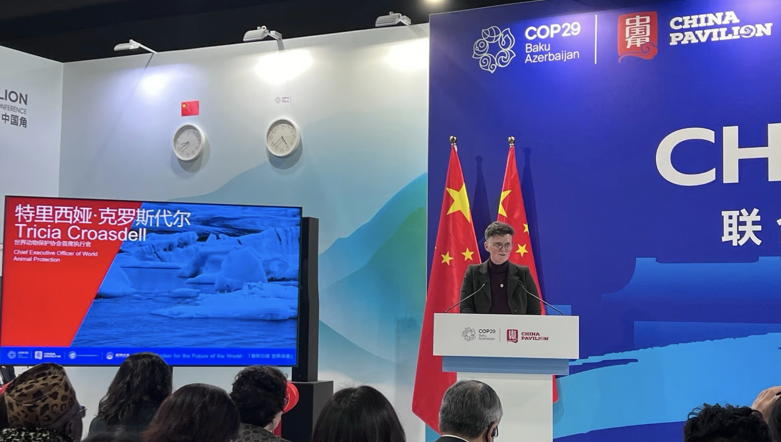 CEO of World Animal Protection Tricia Croasdell delivers a speech about sustainability and women power in climate change at the COP29 China Pavilion, Baku, Azerbaijan, November 11, 2024. /World Animal Protection 