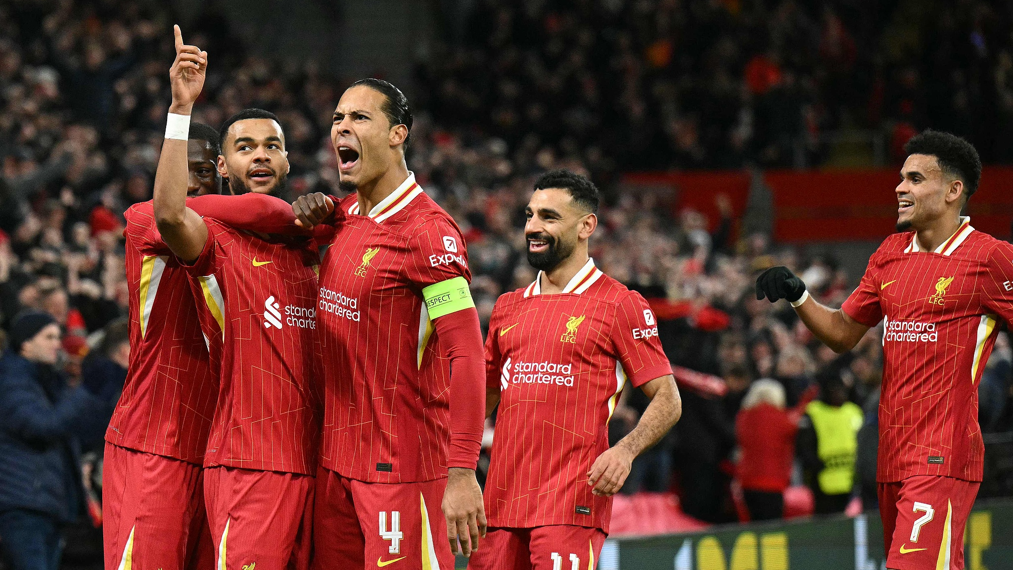 Liverpool players celebrate their second goal in a Champions League match against Real Madrid in Liverpool, UK, November 27, 2024. /CFP