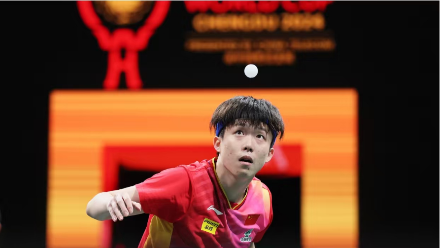 Wang Chuqin of China serves in the men's singles match against Snehit Suravajjula of India at the International Table Tennis Federation (ITTF) Mixed Team World Cup in Chengdu, southwest China's Sichuan Province, December 2, 2024. /CMG