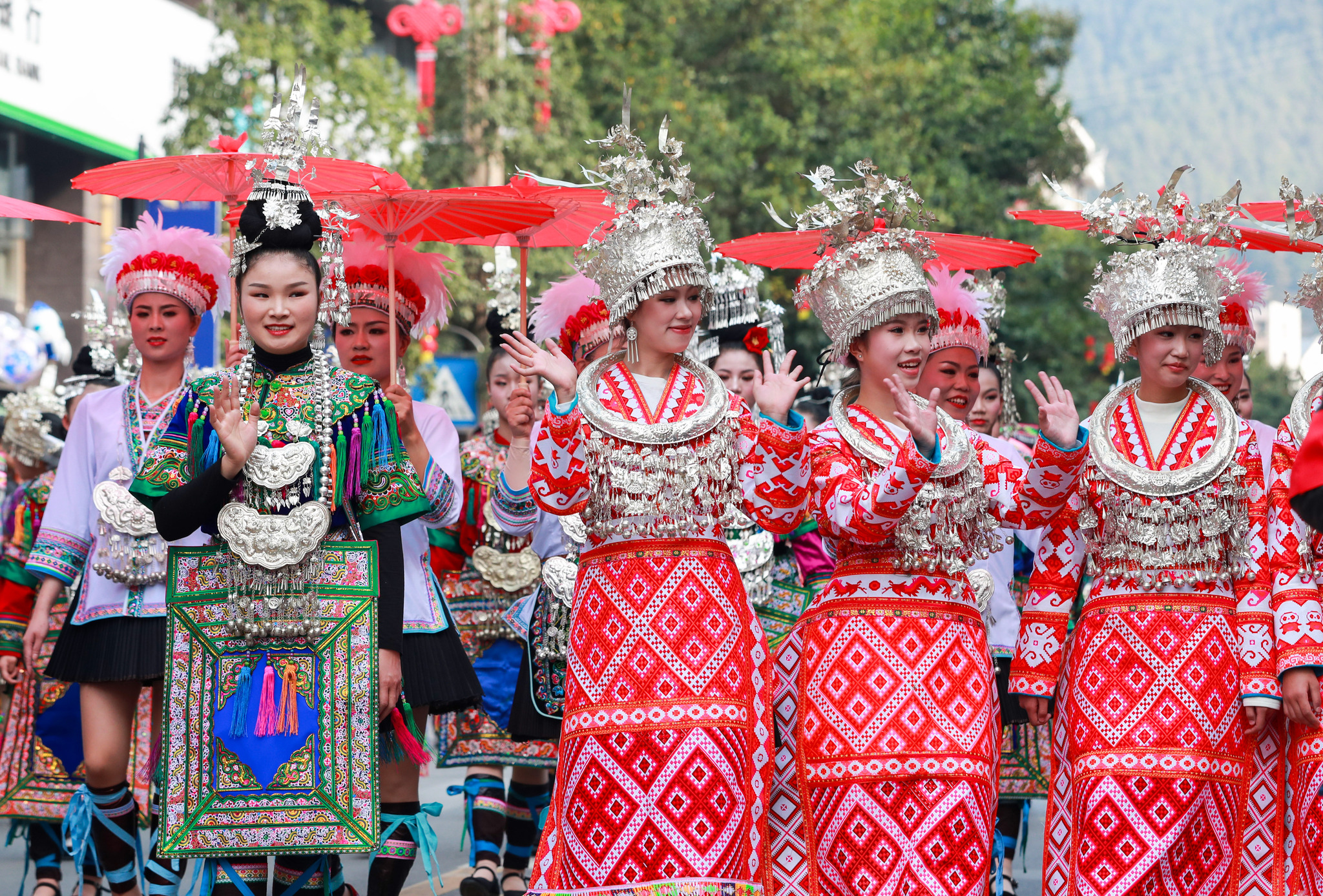 People dressed in traditional ethnic attire are captured during the grand parade celebrating the 2024 Dong New Year in Liping County, Guizhou Province, on December 1, 2024. /CFP