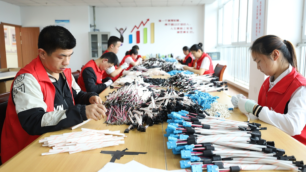 Employees work at their workstations at a training and employment base for people with disabilities in Qingdao, east China's Shandong Province, May 18, 2023. /CFP