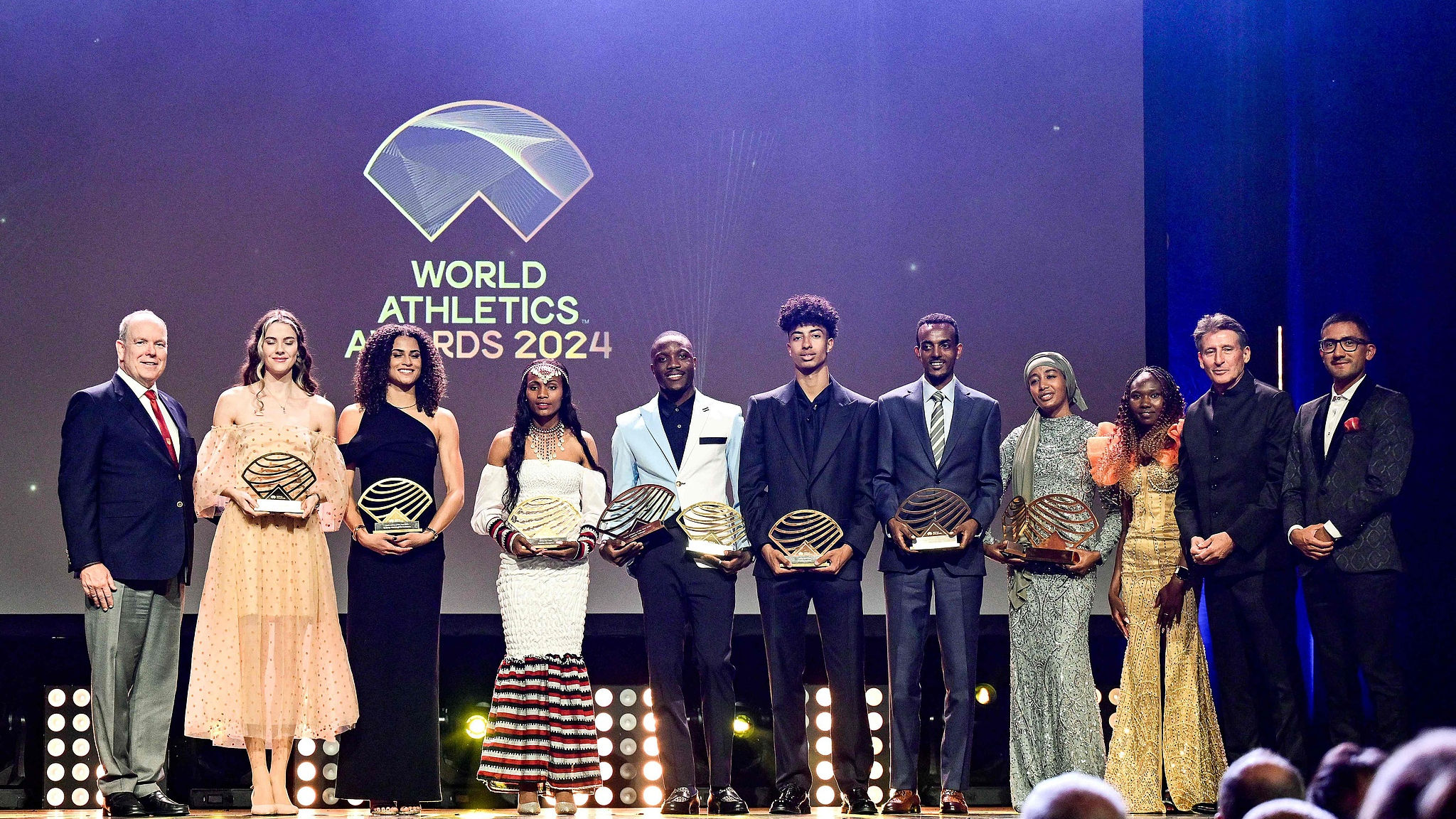 Sifan Hassan and Letsile Tebogo celebrate their selections as Athletes of the Year at the World Athletics Awards in Monaco, December 1, 2024. /CFP 