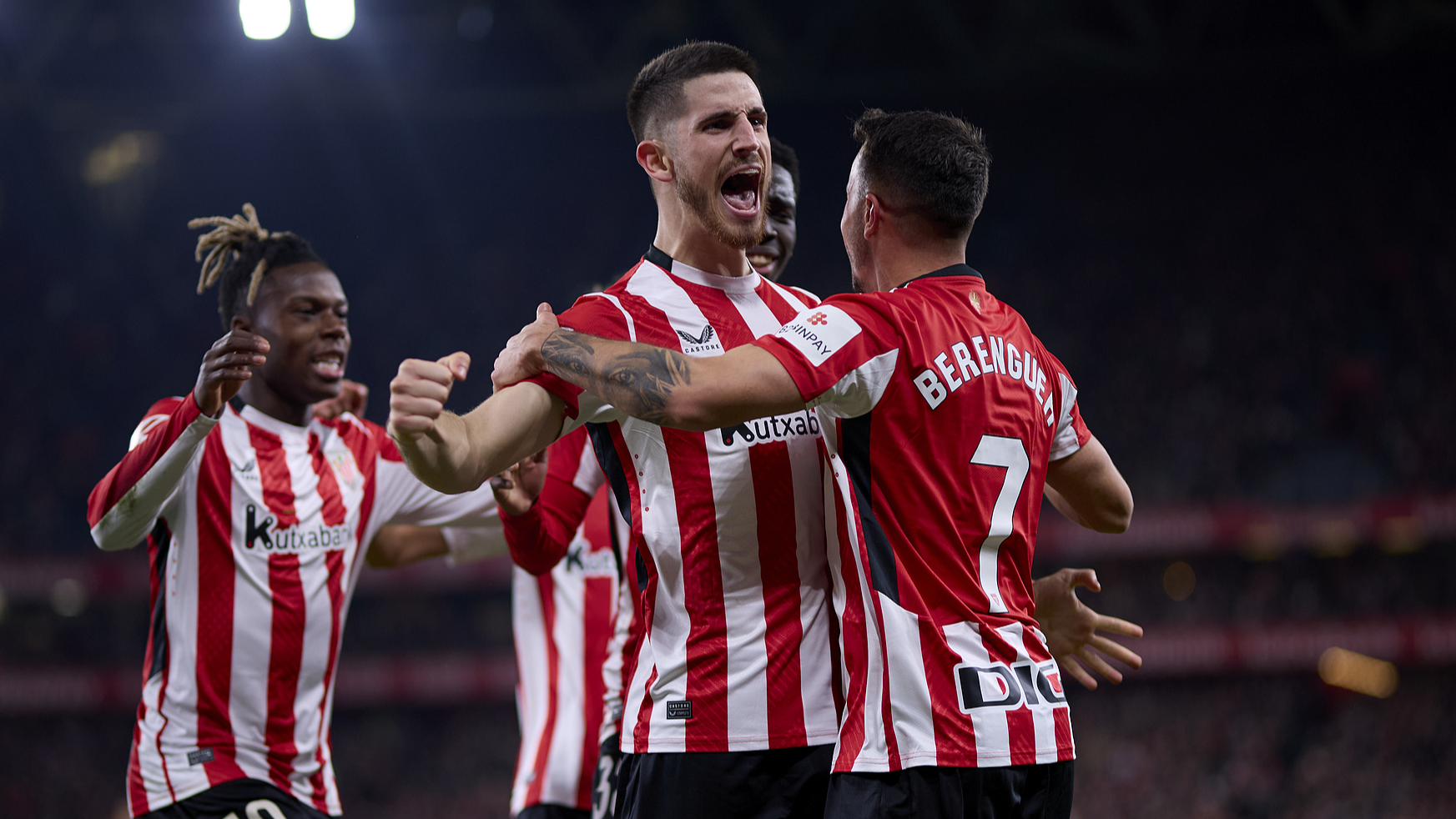 Athletic Bilbao players celebrate their first goal in a Spanish La Liga match against Real Madrid in Bilbao, Spain, December 4, 2024. /CFP