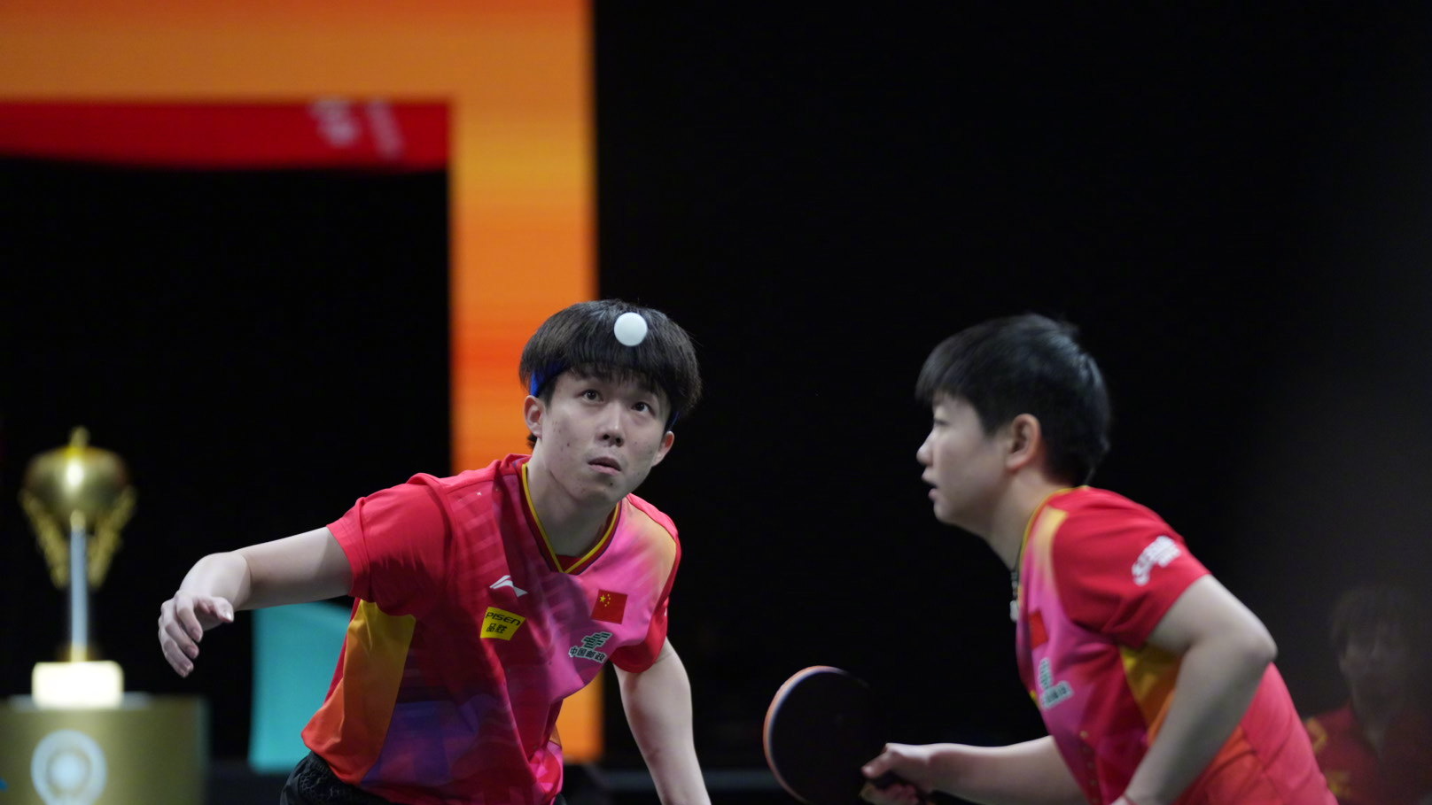 Wang Chuqin (L) and Sun Yingsha of China compete against Audrey Zarif and Esteban Dorr of France at the  International Table Tennis Federation (ITTF) Mixed Team World Cup in Chengdu, southwest China's Sichuan Province, December 7, 2024. /Xinhua