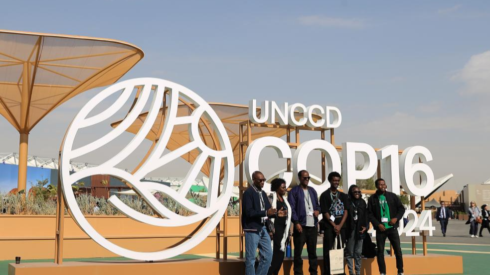 People pose for photos in front of an installation of the 16th Conference of the Parties to the United Nations Convention to Combat Desertification in Riyadh, Saudi Arabia, December 3, 2024. /Xinhua