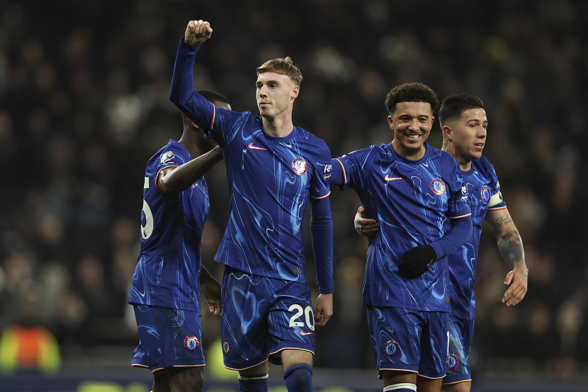 Players of Chelsea celebrate after scoring a goal in the Premier League game against Tottenham Hotspur at Tottenham Hotspur Stadium in London, England, December 8, 2024. /CFP