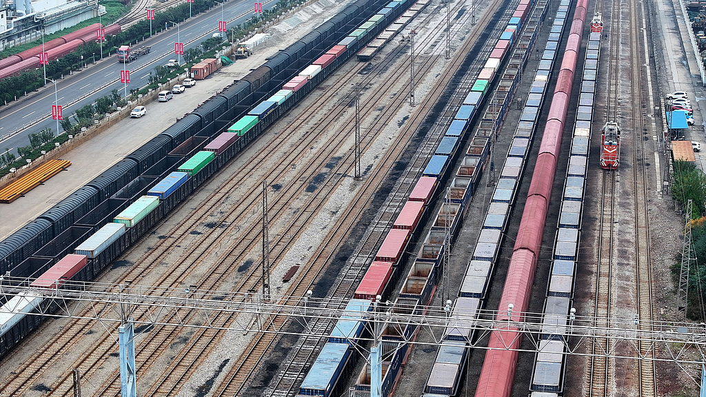 A China-Europe Railway Express train awaits to depart from Lianyungang Port in Jiangsu Province, China, November 15, 2024. /CFP