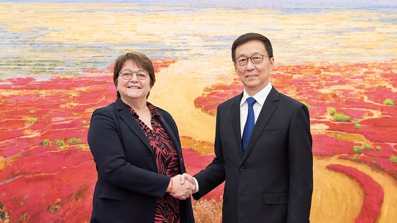 Chinese Vice President Han Zheng (R) shakes hands with Carole Bureau-Bonnard, chairperson of the French delegation to the sixth China-France Track Two High-Level Dialogue in Beijing, China, December 11, 2024. /Xinhua