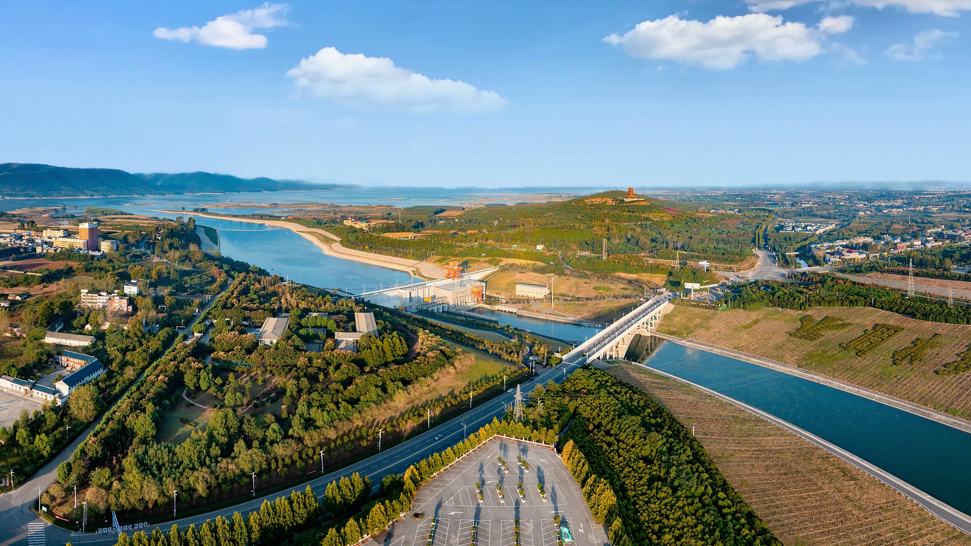 An aerial drone photo shows the Taocha Canal Head of the middle route of China's South-to-North Water Diversion Project in Xichuan County of Nanyang, central China's Henan Province, October 13, 2024. /CFP