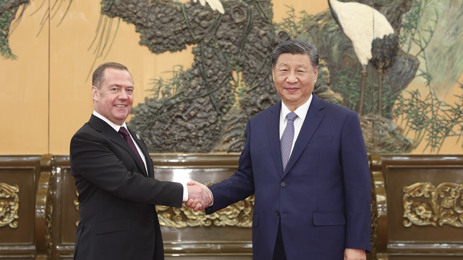 Xi Jinping (R), general secretary of the Communist Party of China Central Committee and Chinese president, met with Dmitry Medvedev, chairman of the United Russia party, Beijing, capital of China, December 12, 2024. /Xinhua