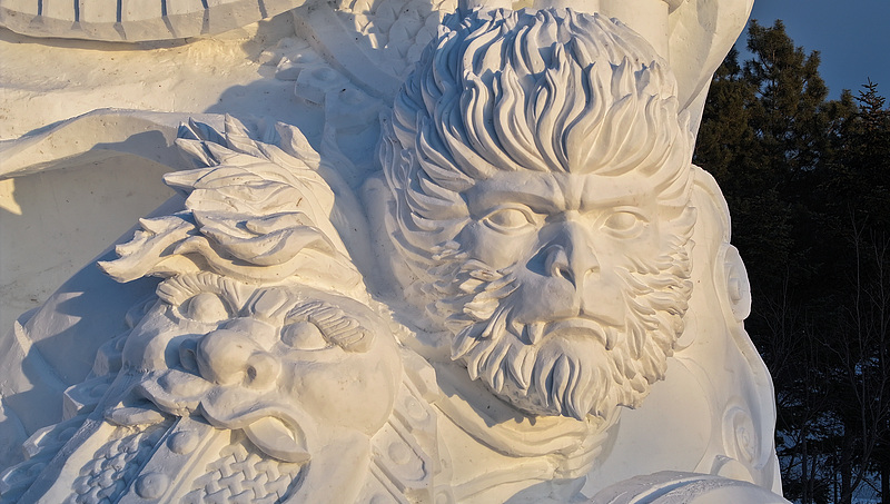 A Monkey King-themed snow sculpture is seen in Harbin City, Heilongjiang Province, December 14, 2024. /CFP