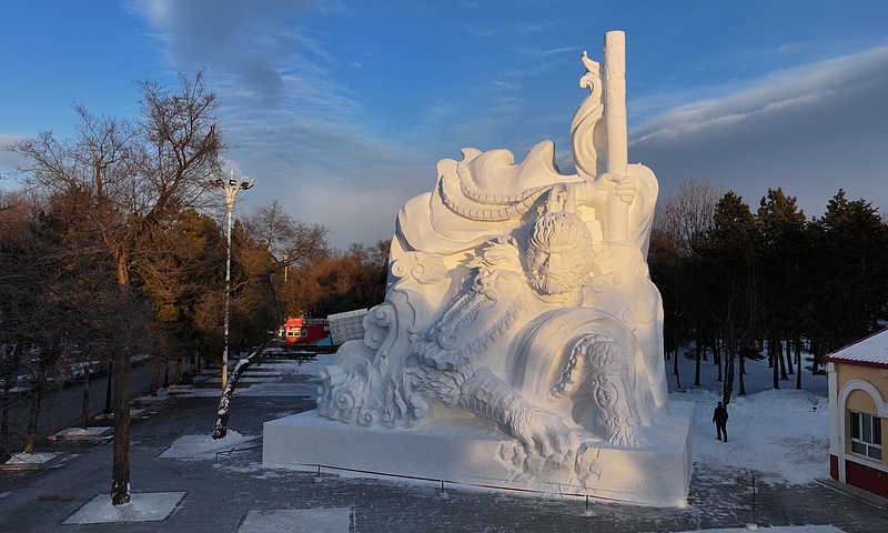 A Monkey King-themed snow sculpture is seen in Harbin City, Heilongjiang Province, December 14, 2024. /CFP