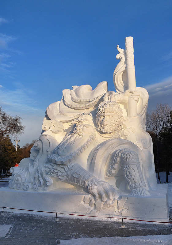 A Monkey King-themed snow sculpture is seen in Harbin City, Heilongjiang Province, December 14, 2024. /CFP