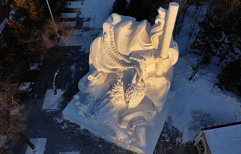 A Monkey King-themed snow sculpture is seen in Harbin City, Heilongjiang Province, December 14, 2024. /CFP