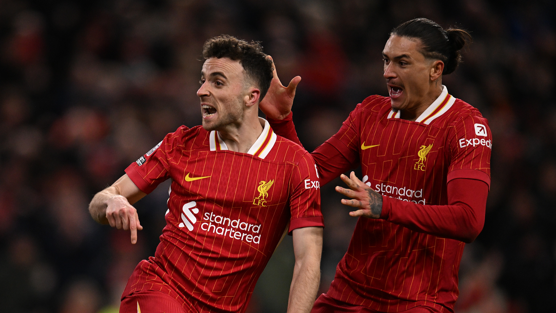 Diogo Jota (L) celebrates to score for Liverpool in their home match against Fulham at Anfield, December 14, 2024. /CFP