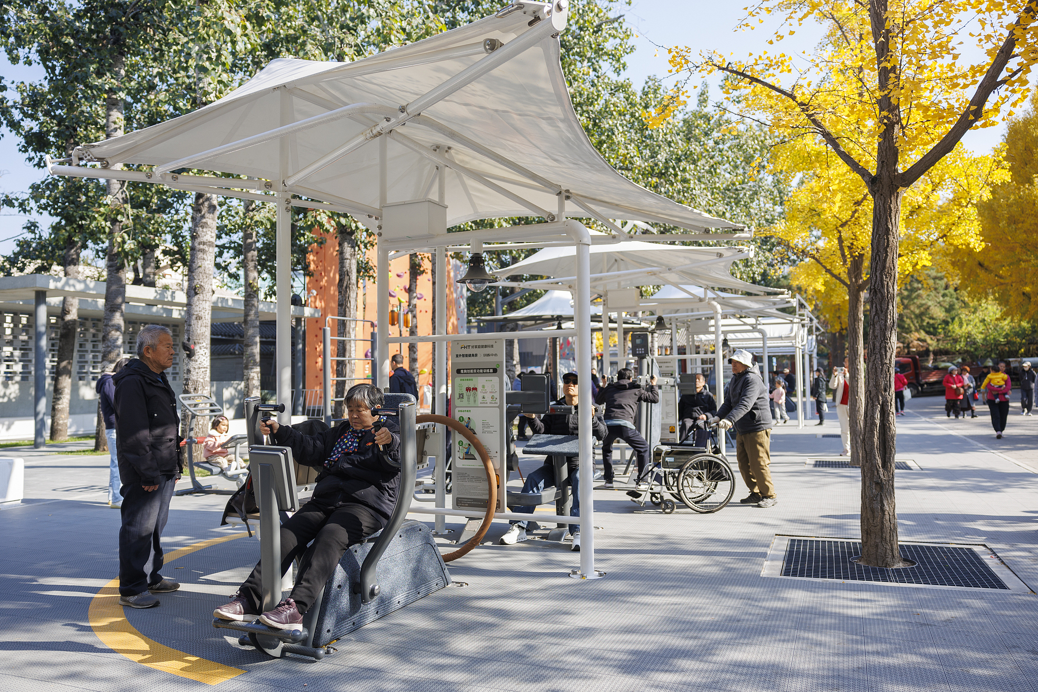 Residents try smart fitness equipment at Ritan Park, Beijing, November 11, 2024. /CFP