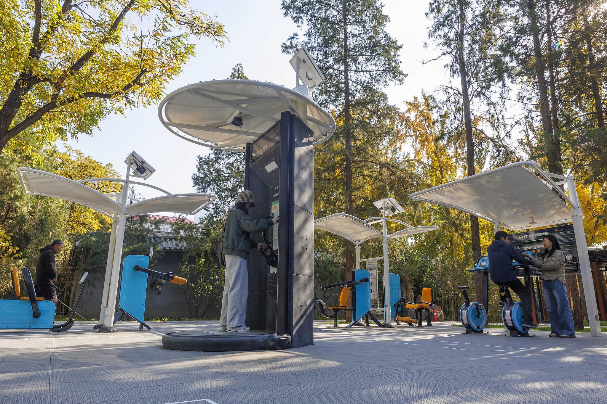 Residents try smart fitness equipment at Ritan Park, Beijing, November 11, 2024. /CFP