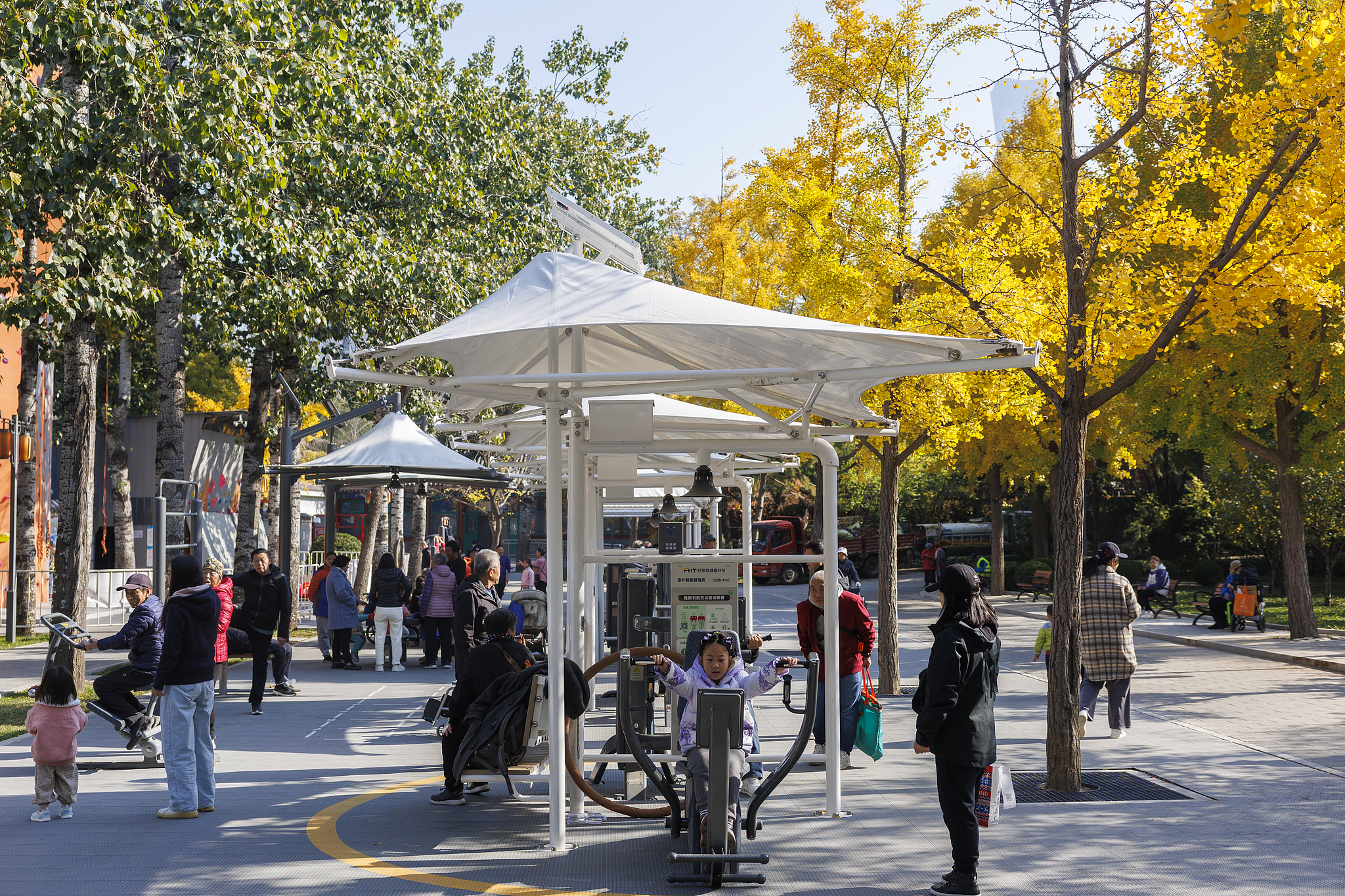 Residents try smart fitness equipment at Ritan Park, Beijing, November 11, 2024. /CFP