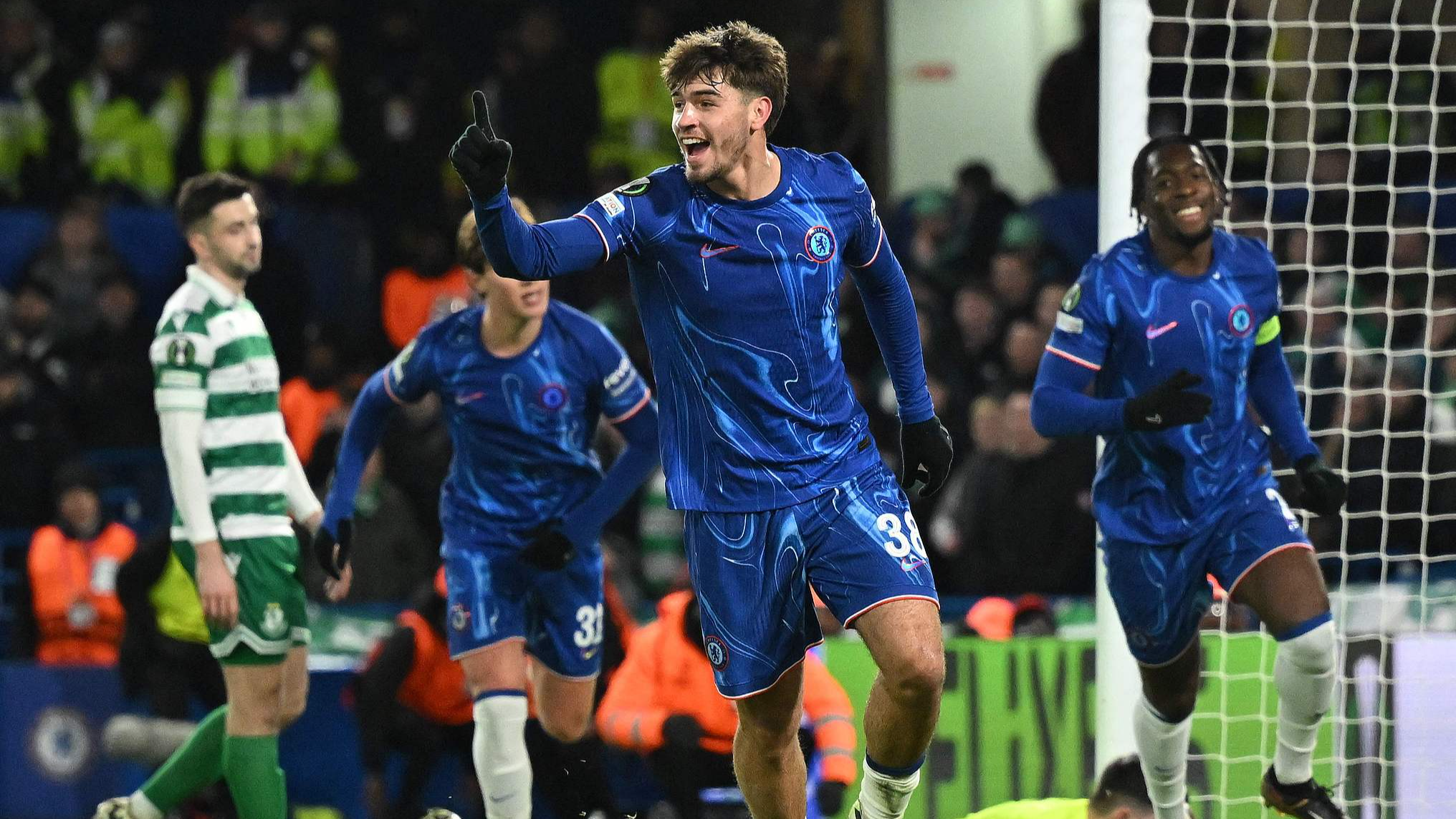 Chelsea's Spanish striker Marc Guiu celebrates scoring his hat-trick during the UEFA Europa Conference League match between Chelsea and Shamrock Rovers at Stamford Bridge in London, December 19, 2024. /CFP