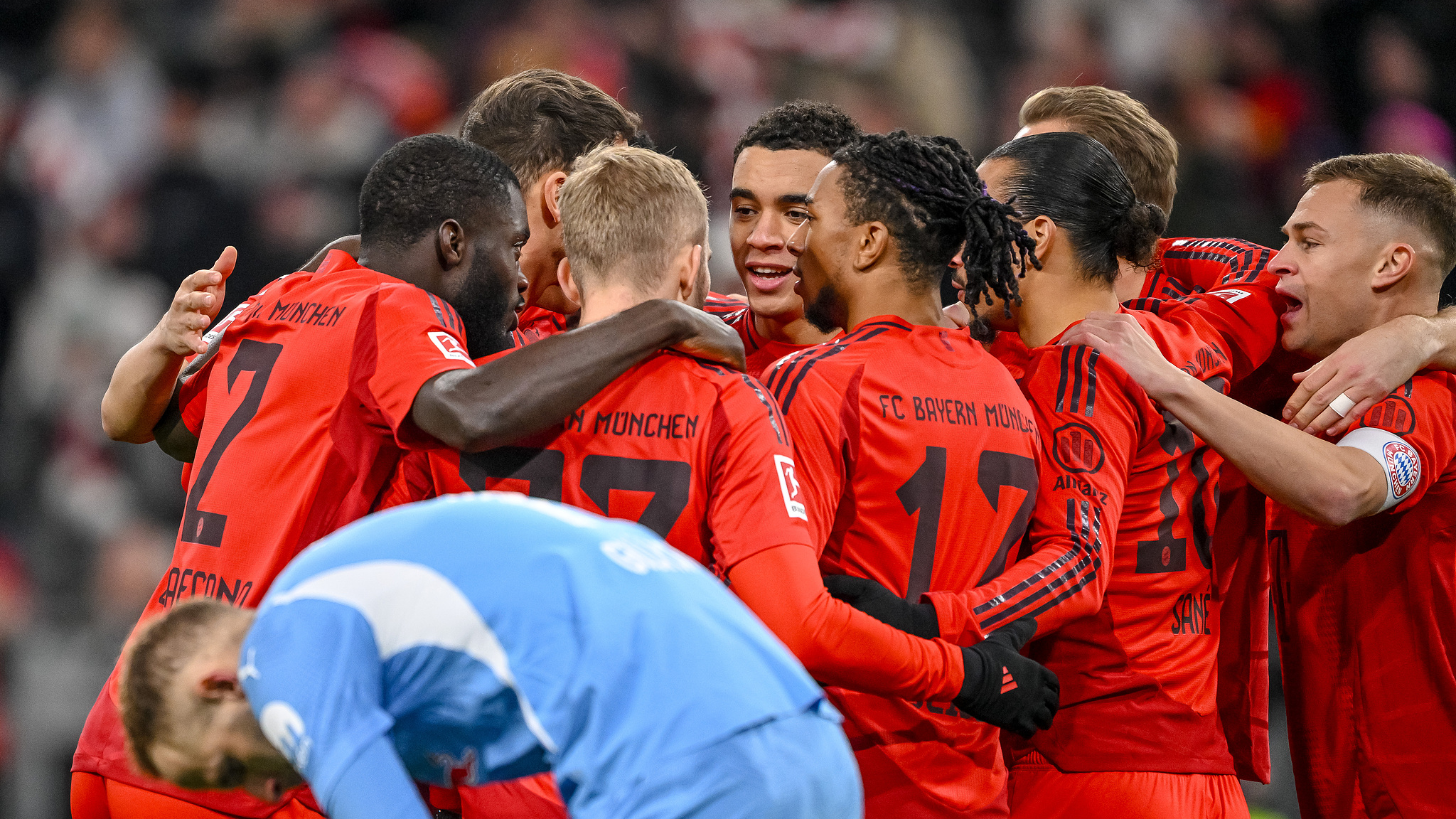 Bayern Munich players celebrate during their German Bundesliga match against RB Leipzig in Munich, Germany, December 20, 2024. /CFP