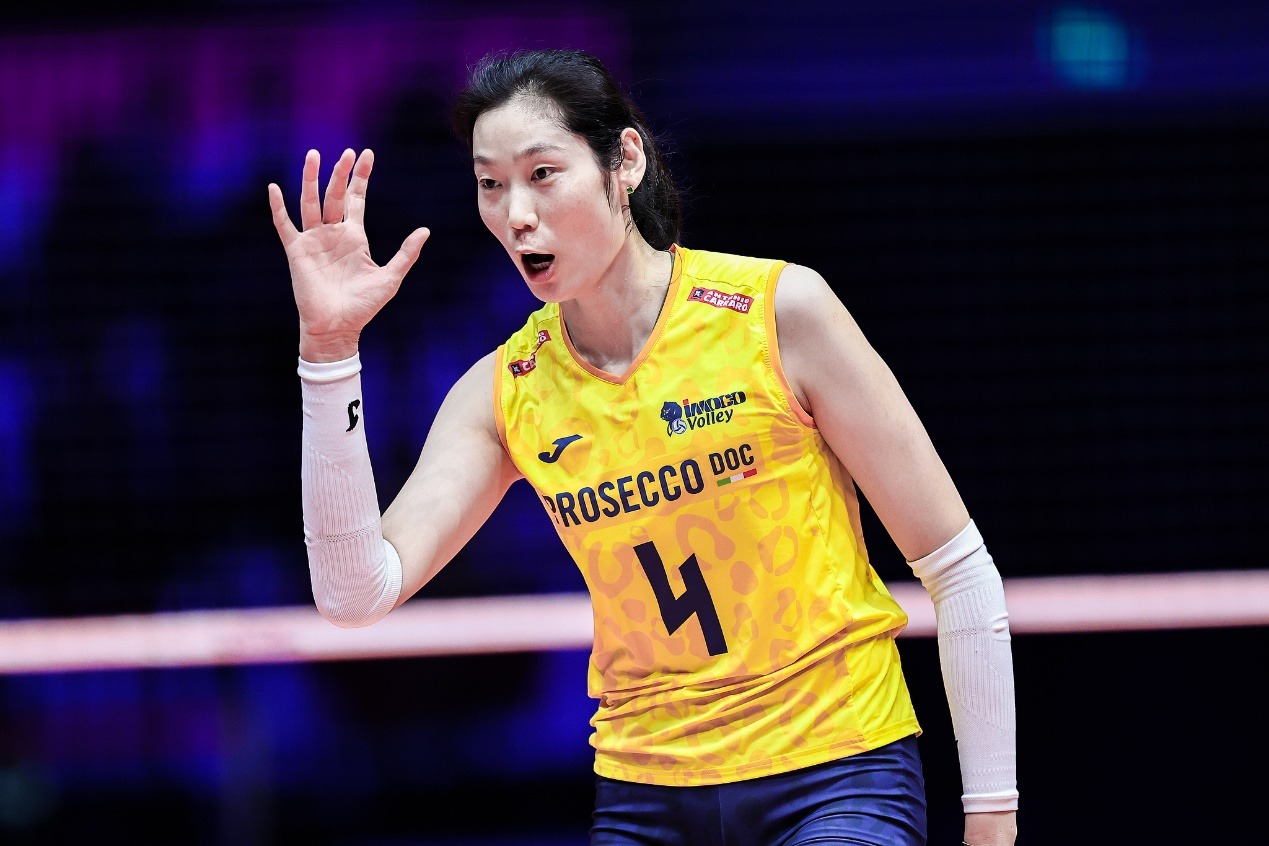 Imoco Volley Conegliano outside hitter Zhu Ting reacts during her team's match against NEC Red Rockets Kawasaki at the Federation of International Volleyball (FIVB) Women's Club World Championship in Hangzhou, China, December 20, 2024. /CFP