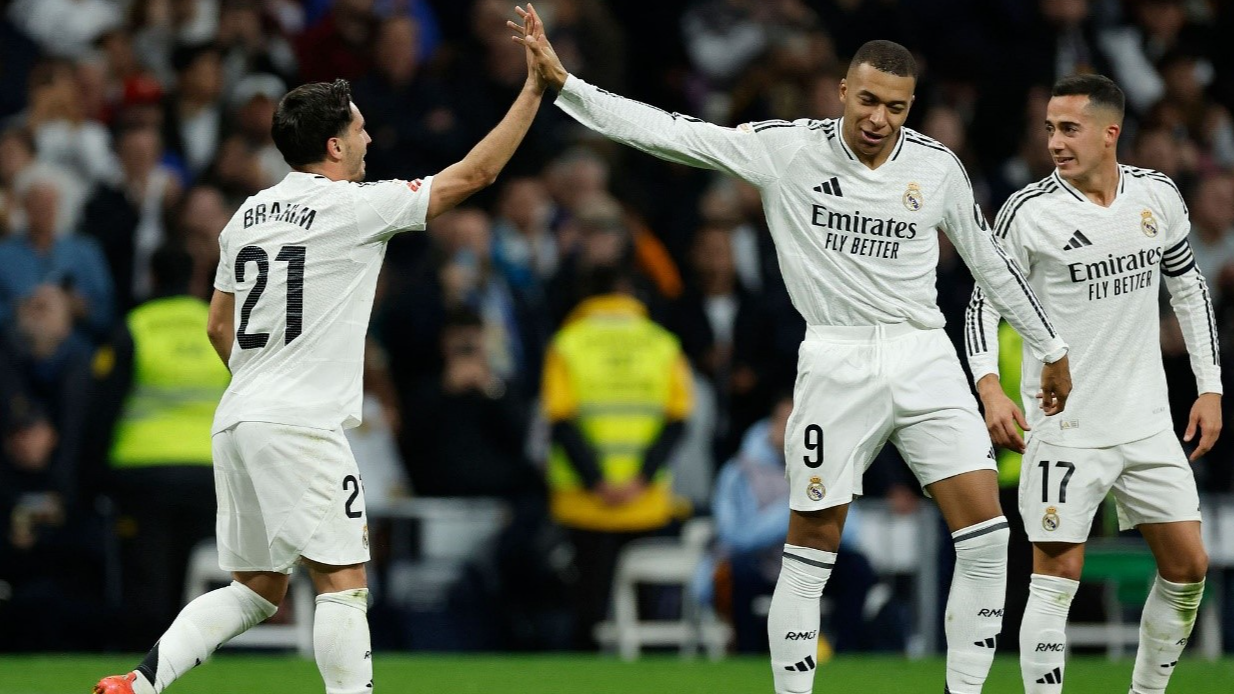 Real Madrid's Brahim Diaz (L) celebrates with Kylian Mbappe during their La Liga clash with Sevilla in Madrid, Spain, December 22, 2024. /CFP