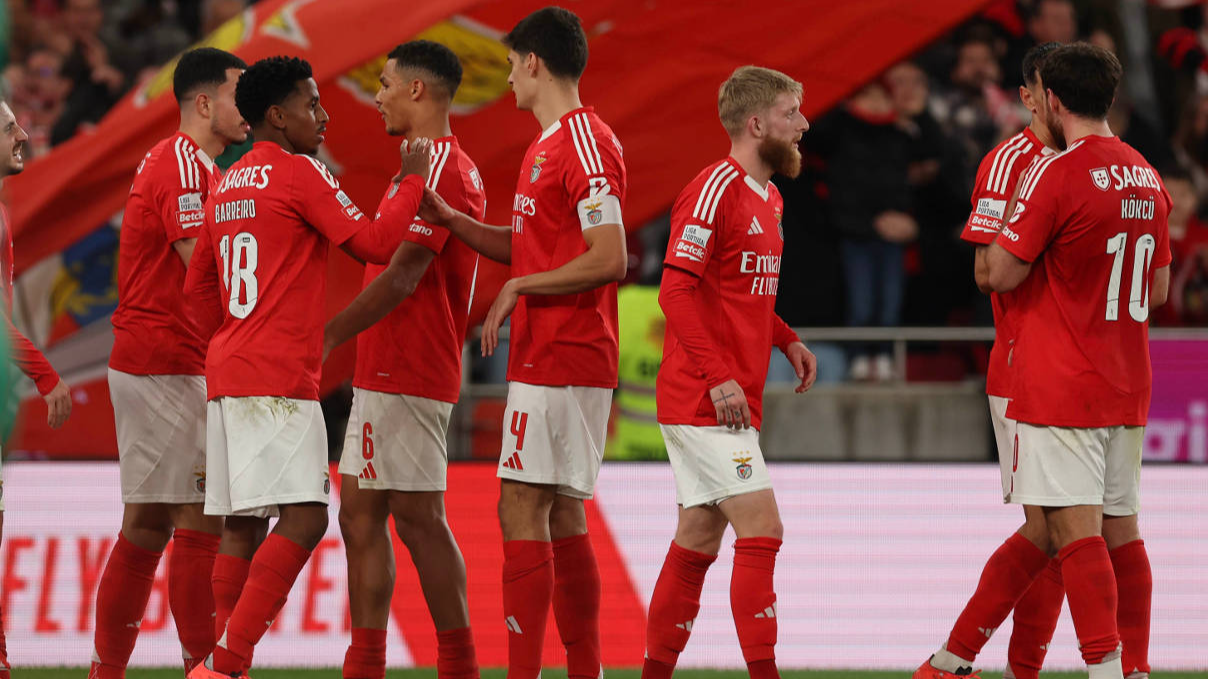 Benfica players celebrate during a Primeira Liga match against Estoril Praia  in Lisbon, Portugal, December 23, 2024. /Benfica Official Website