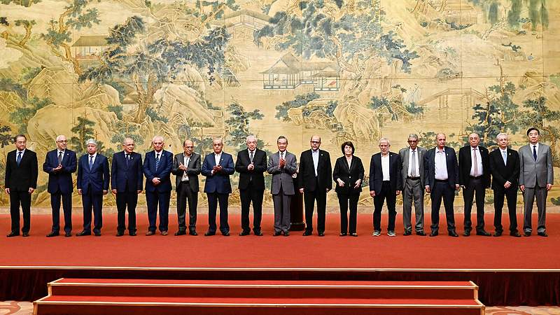 High-level representatives from 14 Palestinian factions pose for a group photo after the signing of the Beijing Declaration on ending internal divisions and strengthening Palestinian unity, July 23, 2024. /CFP