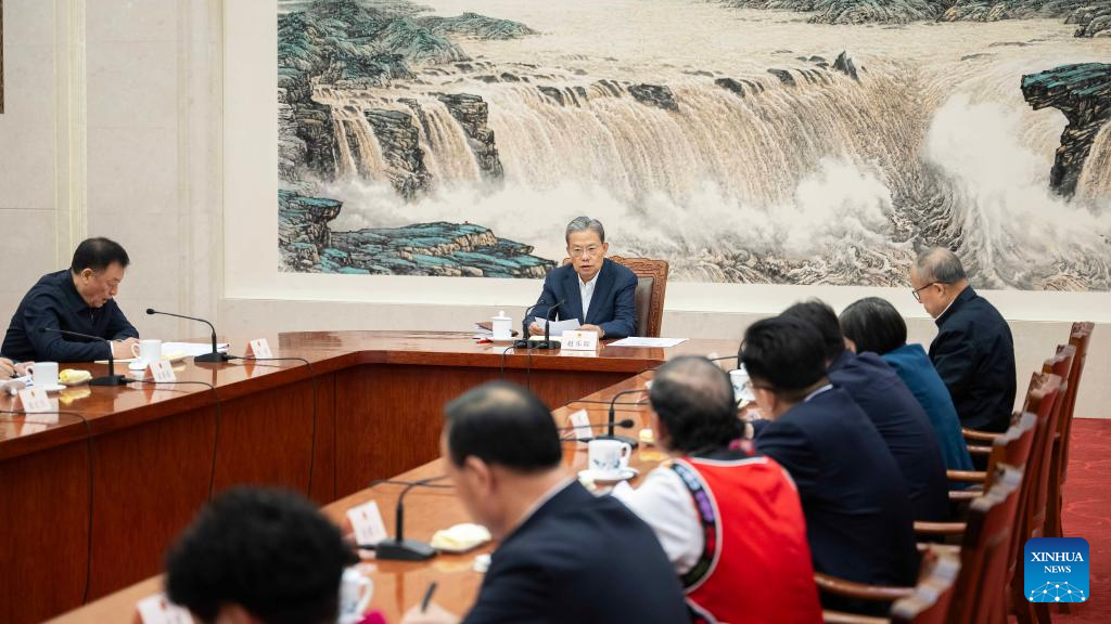 Zhao Leji, a member of the Standing Committee of the Political Bureau of the Communist Party of China Central Committee and chairman of the National People's Congress Standing Committee, attends a lawmakers' symposium held on the sidelines of a legislative session on December 24, 2024. /Xinhua