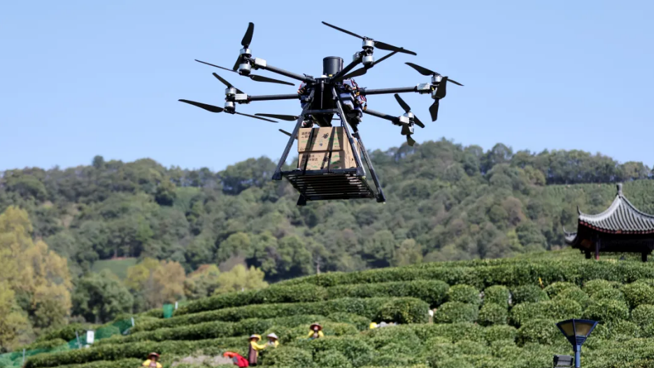 A drone transports tea from a plantation in Ganzhou City, east China's Jiangxi Province. /CMG