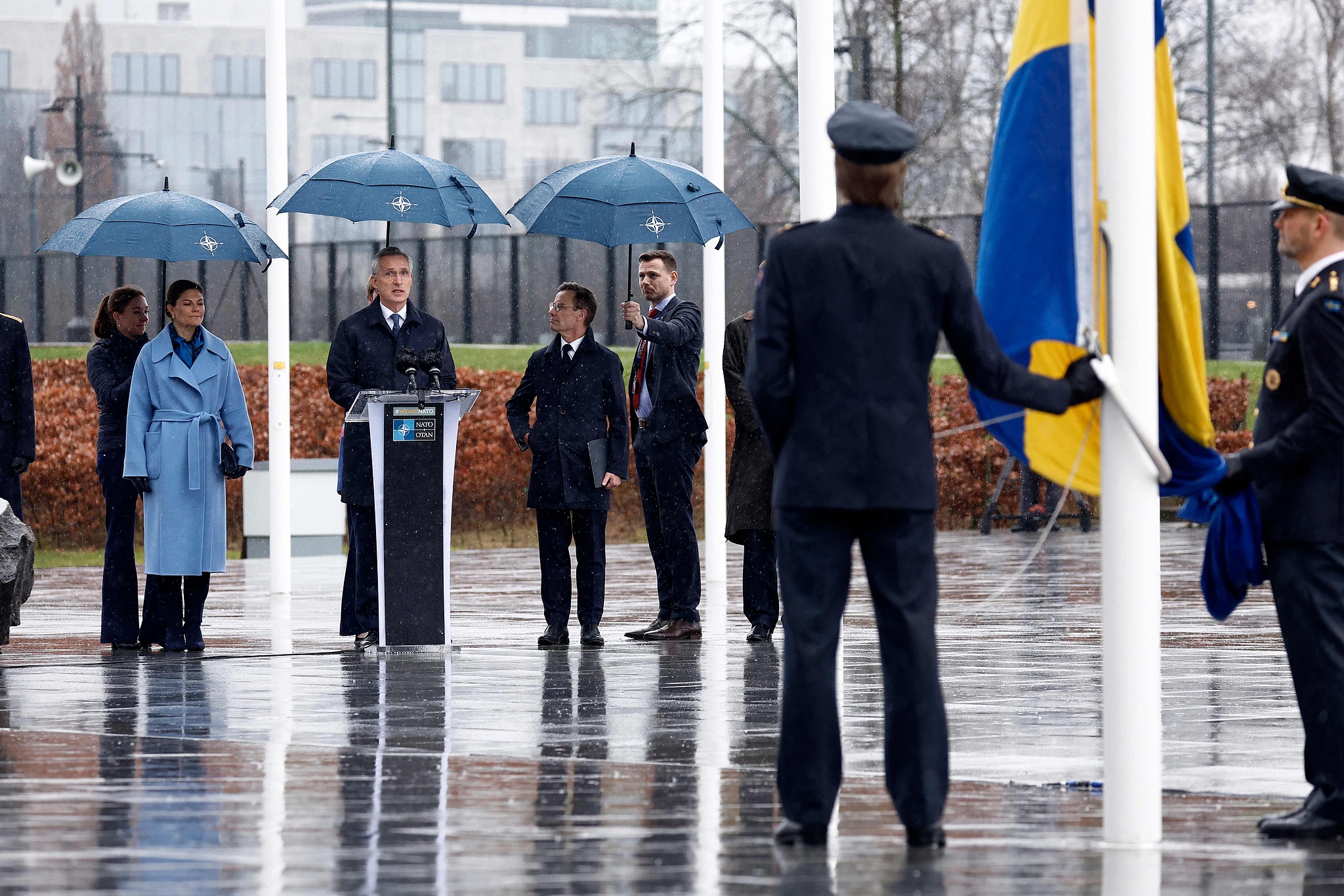 NATO's then-Secretary General Jens Stoltenberg gives a speech during a flag-raising ceremony for Sweden's accession to NATO in Brussels, Belgium, March 11, 2024. /CFP