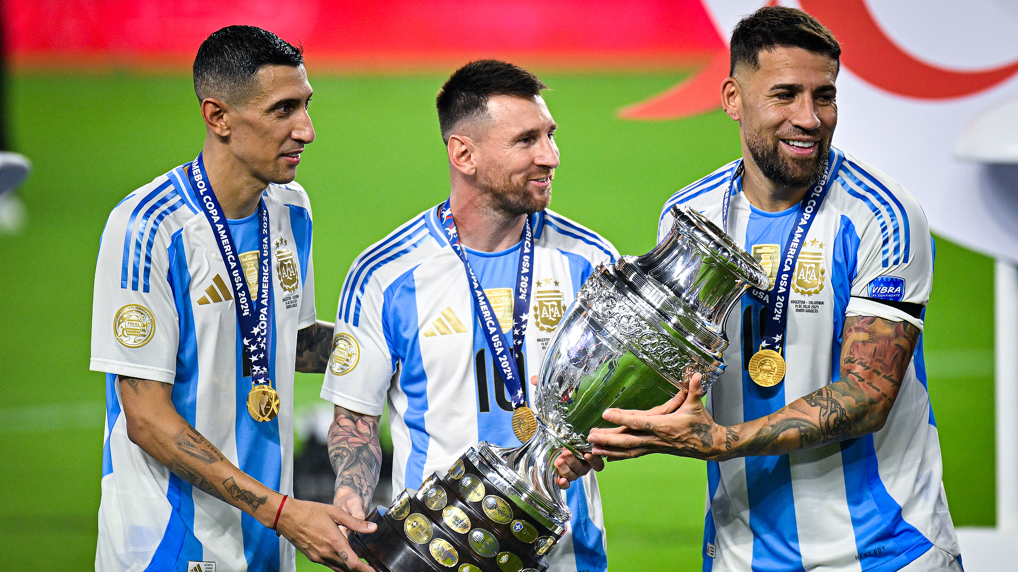 Lionel Messi (C), Angel Di Maria (L) and Nicolas Otamendi (R) of Argentina celebrate the winning of the final match of Copa America against Colombia at Hard Rock Stadium in Miami, Florida, United States, July 14, 2024. /CFP