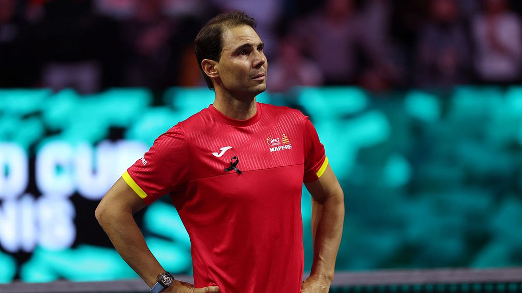 Spain's Rafael Nadal cries as he attends a tribute to his career at the end of the quarter-final doubles match between Netherlands and Spain during the Davis Cup Finals in Malaga, Spain, November 19, 2024. /CFP