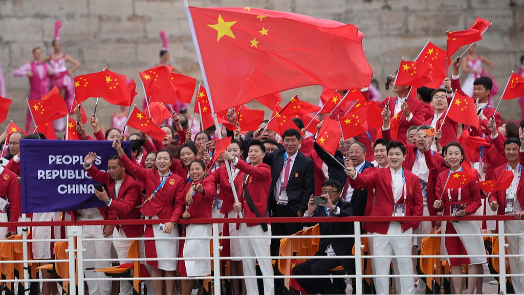 Athletes of Team People's Republic of China are seen on a boat along the River Seine during the opening ceremony of the Olympic Games Paris 2024 in Paris, France, July 26, 2024. /CFP