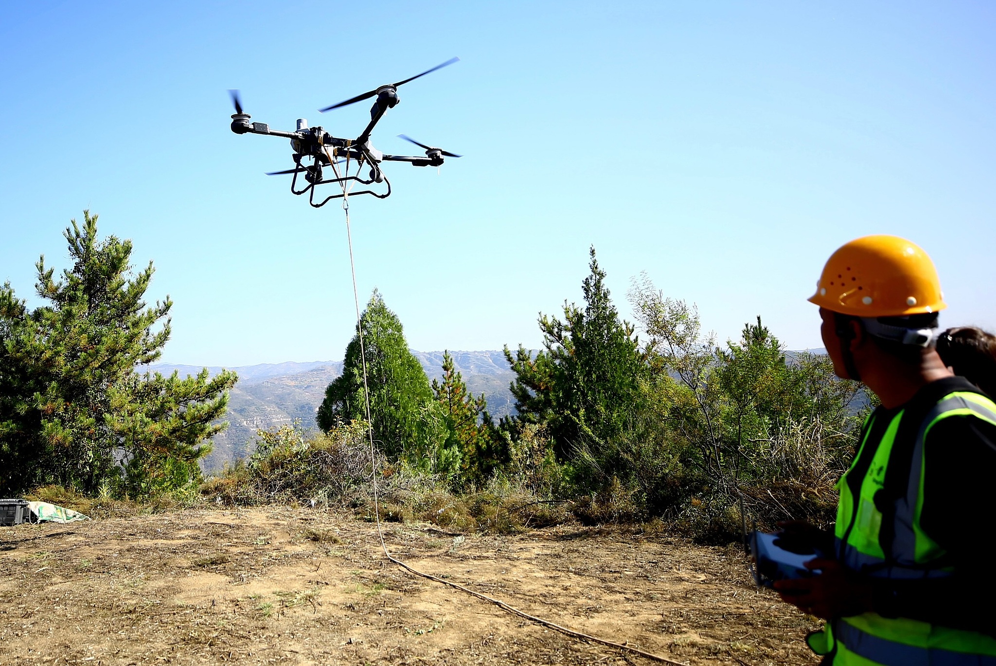 An engineer uses a drone to transport a sapling near Yan'an City, northwest China's Shaanxi Province, October 23, 2024. /CFP