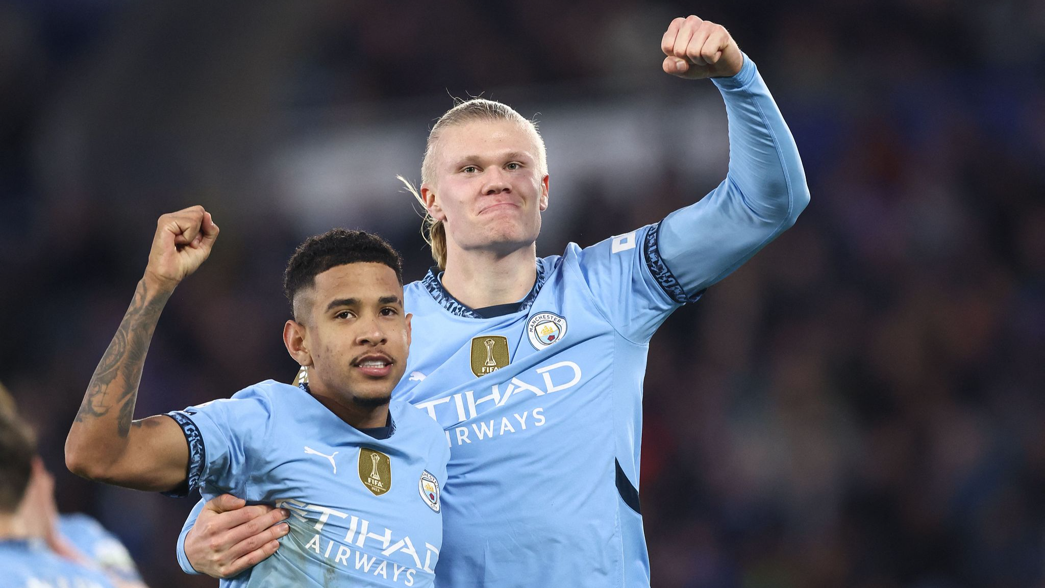 Manchester City's Norwegian striker Erling Haaland (R) celebrates with Brazilian midfielder Savinho (L) after scoring their second goal during the English Premier League football match with Leicester City in Leicester, England, December 29, 2024. /CFP