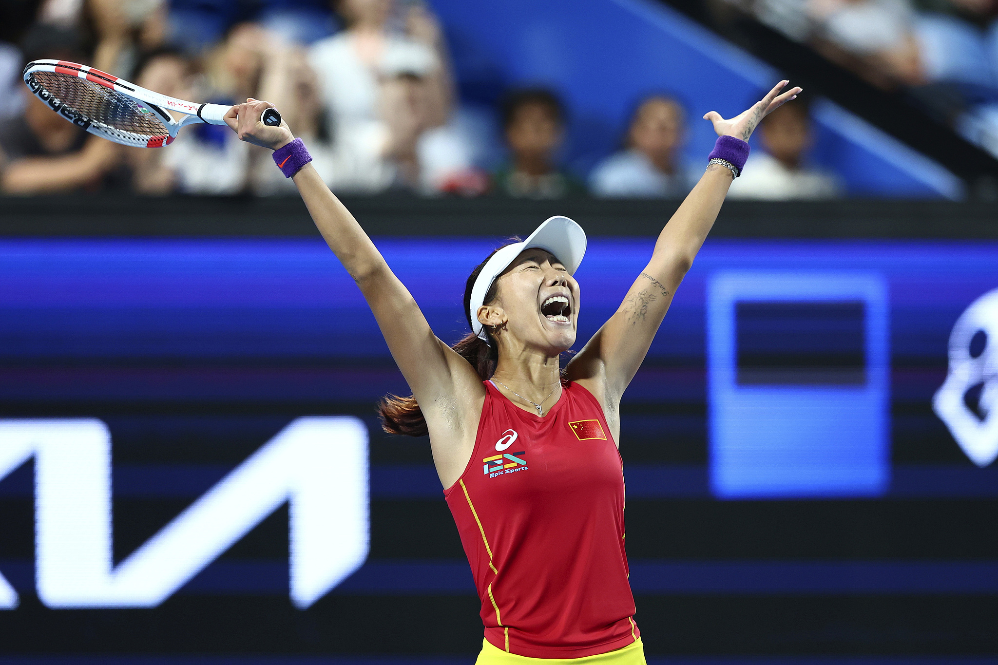 Gao Xinyu of China celebrates after defeating Laura Siegemund of Germany in their women's singles match at the United Cup in Perth, Australia, December 30, 2024. /CFP