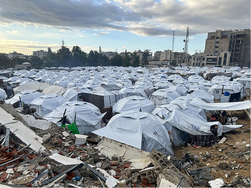 Palestinians in the Qurban Refugee Camp in the central Gaza Strip are battling harsh weather conditions as heavy rainfall has flooded their tents on December 30, 2024. /CFP