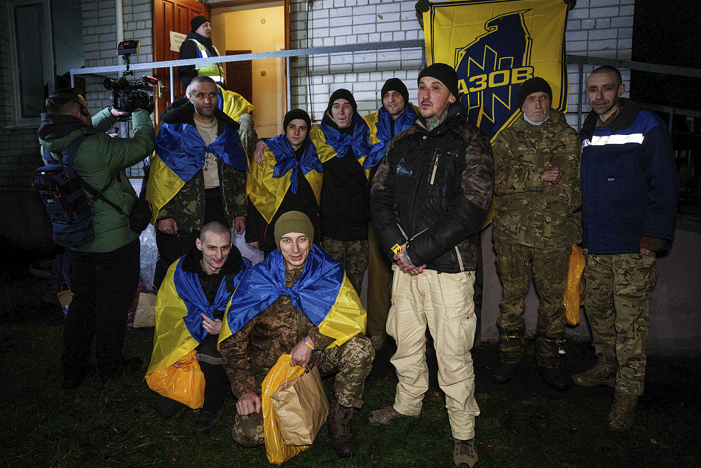 Ukrainian servicemen of the Azov Brigade pose for a photo after returning from captivity during a POW exchange between Russia and Ukraine, in Ukraine, December 30, 2024. /CFP