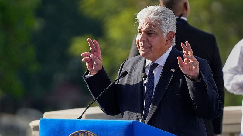 Panamanian President Jose Raul Mulino gives a speech during the ceremony to mark the 25th anniversary of the United States' handover of the interoceanic Panama Canal to Panama, in Panama City, Panama, December 31, 2024. /CFP