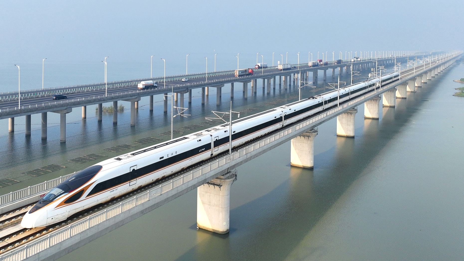 A high-speed train passes over a bridge in Changzhou, east China