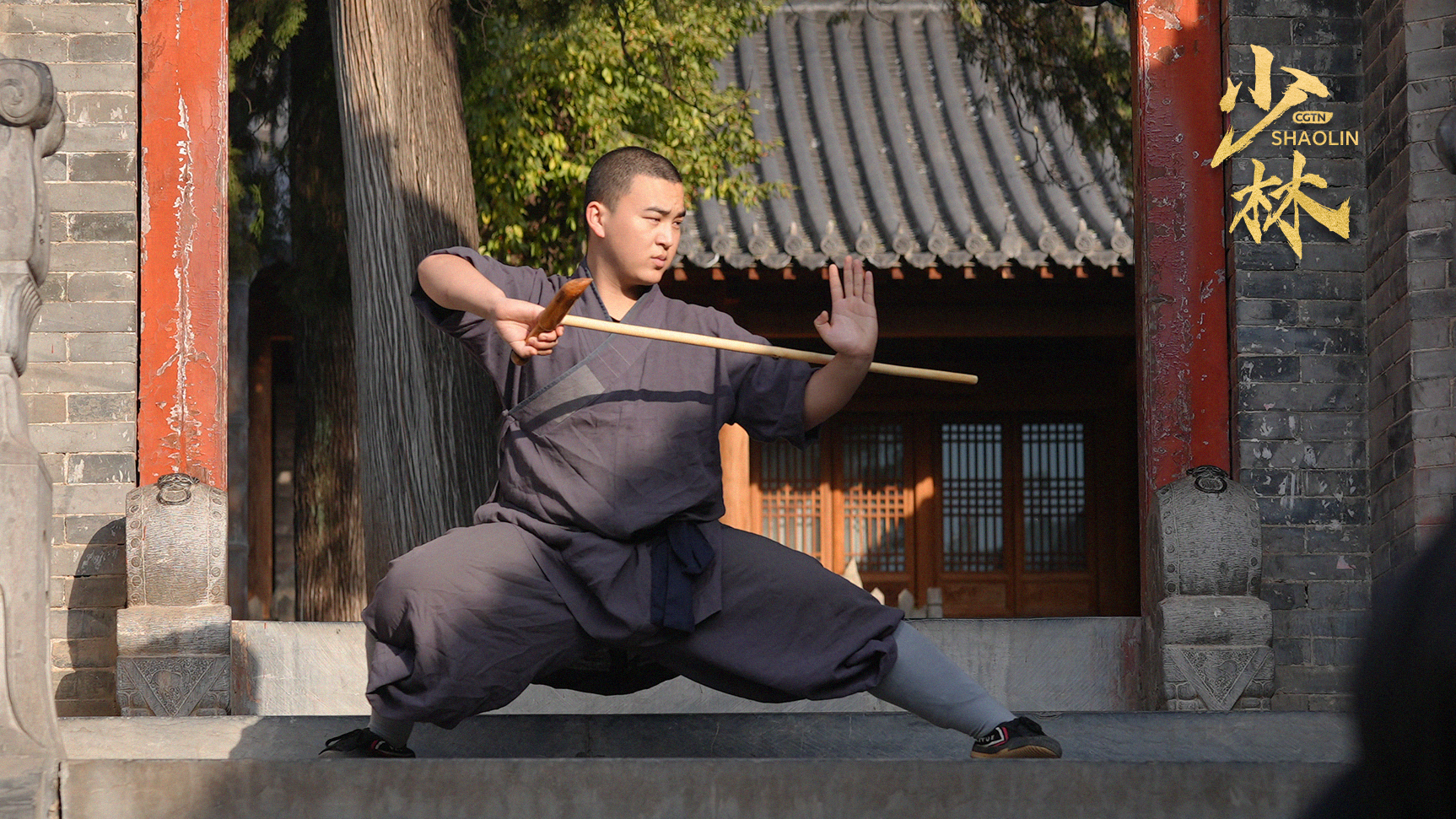 Shi Yandi showcases the dharma cudgel technique, Shaolin Temple, central China's Henan Province, 2024. /CGTN