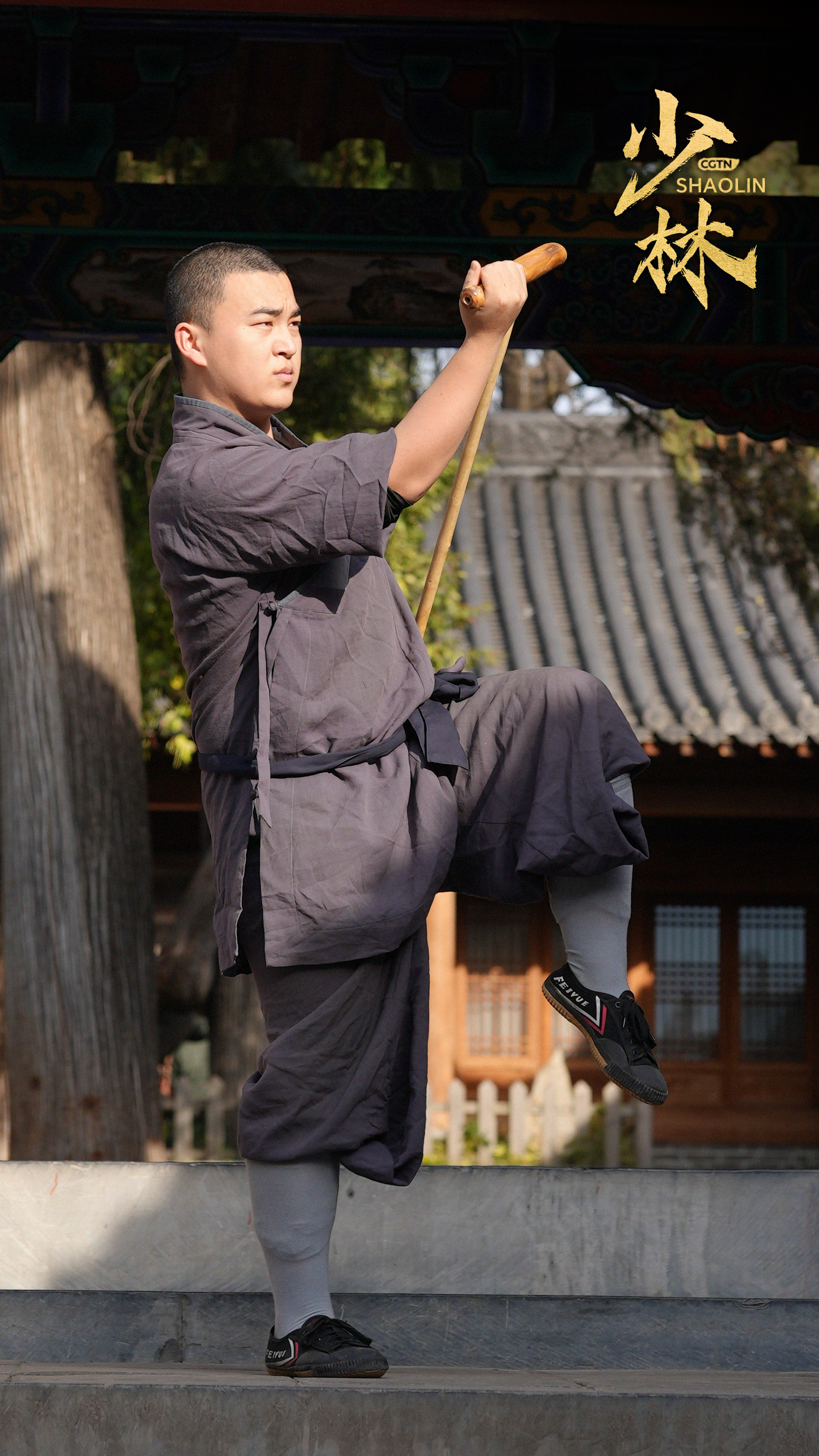 Shi Yandi showcases the dharma cudgel technique, Shaolin Temple, central China's Henan Province, 2024. /CGTN