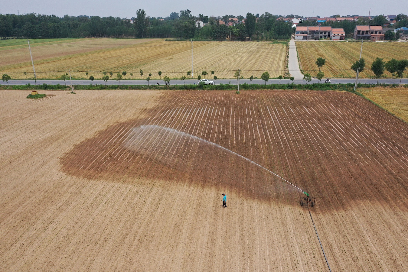 Farmers irrigate peanut seedlings in hot weather in Jiaozuo City, Henan Province, central China, June 19, 2024. /CFP