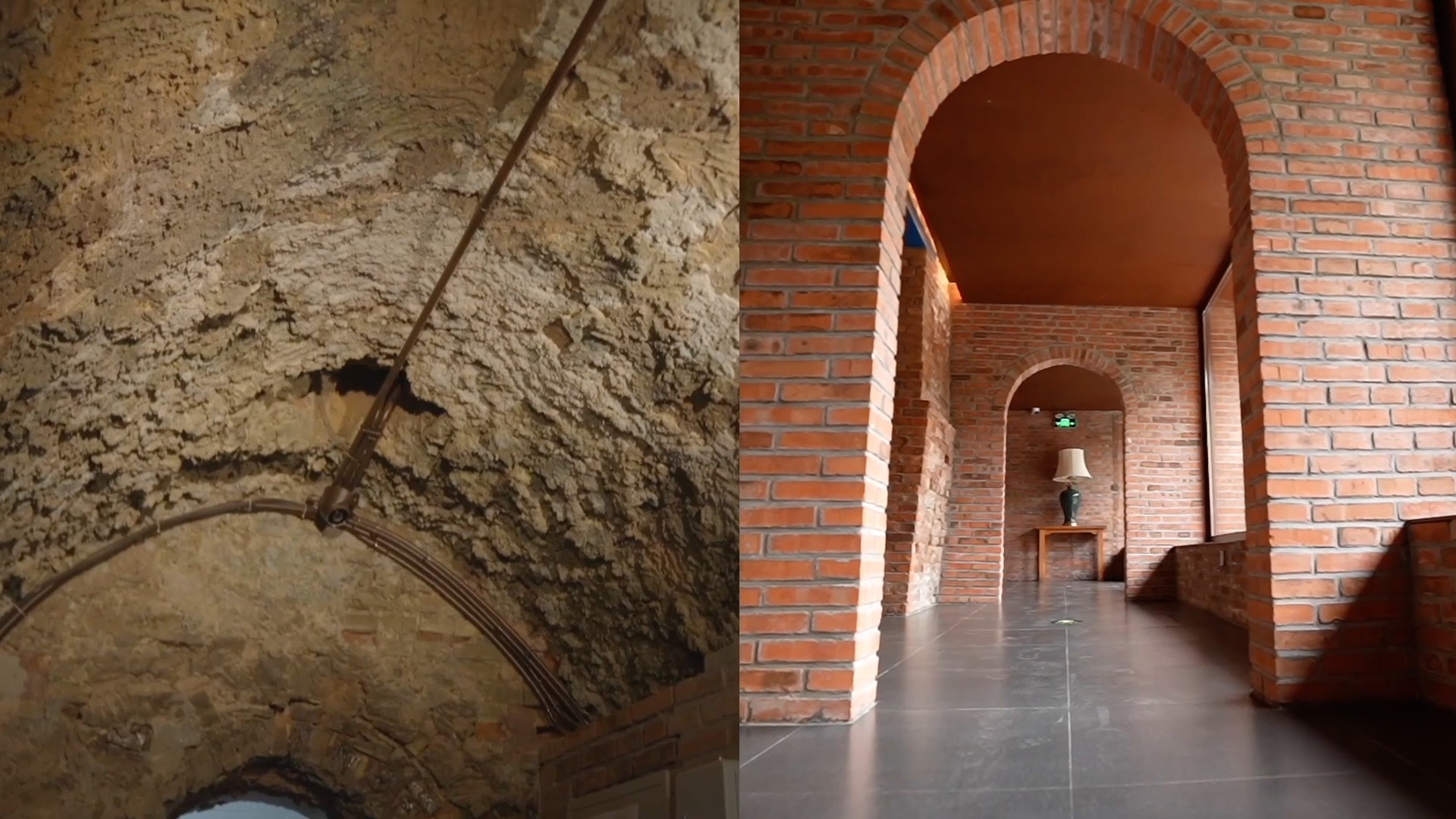 Hallway before renovation (L) and after renovation (R) of the Brickyard Retreat hotel founded by Jim Spear and his wife in Beigou Village, Beijing.